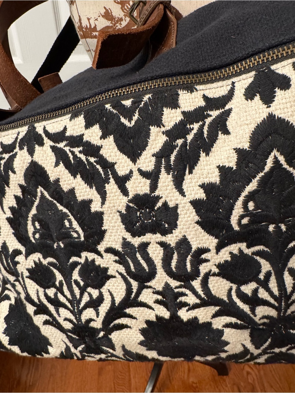 Anthropologie Black and Cream Woven Floral Tote - Picture 2 of 8